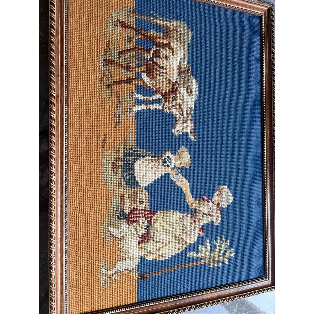 Vintage Framed‎ Hand Stitched Needlepoint Tapestry Art Rural Farm Scene Large